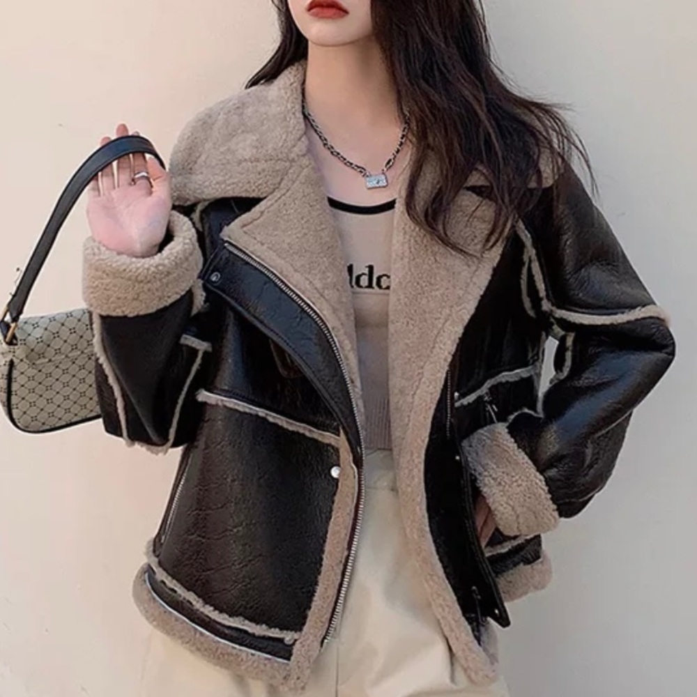 Women's Faux Shearling Aviator Jacket - Black/Taupe